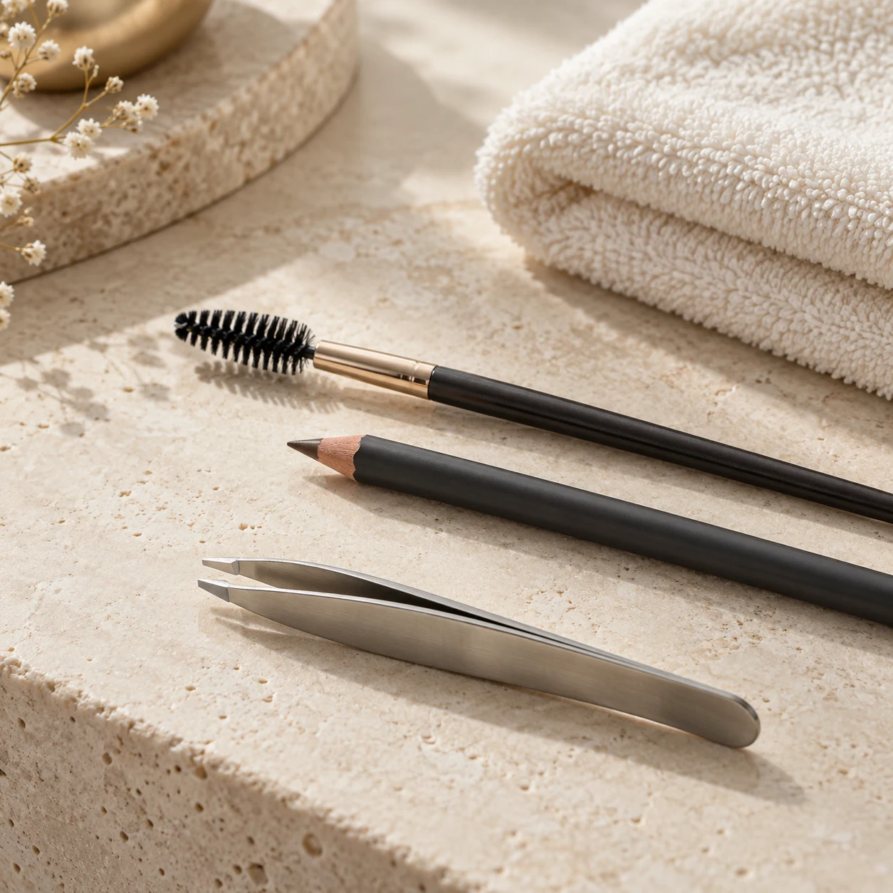Beauty-Werkzeuge auf einem hellen Handtuch