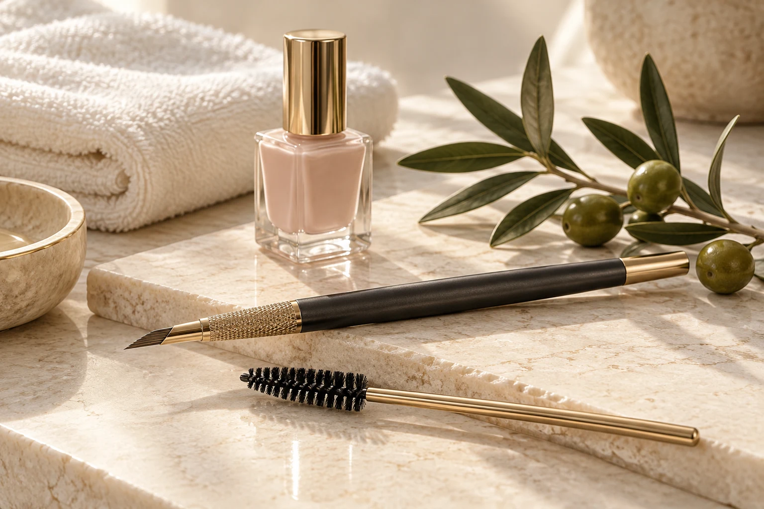 Beauty-Stillleben mit Bürstchen und Olivenzweig